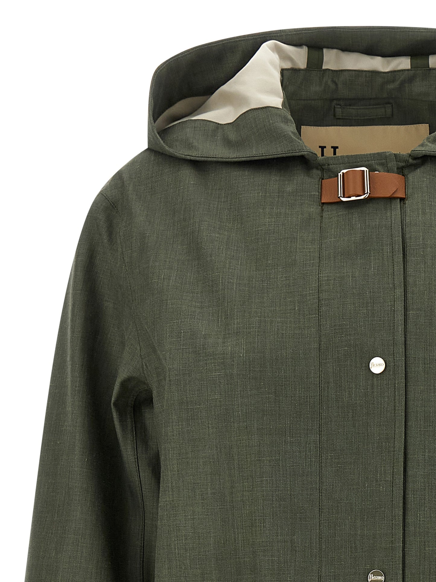 Hooded Trench Coat by Herno for women in silk linen wool bicolour & green presents a distinguished silhouette, artfully detailed with water-resistant & hooded and a distinguished hooded neckline for a sophisticated, distinguished finish.