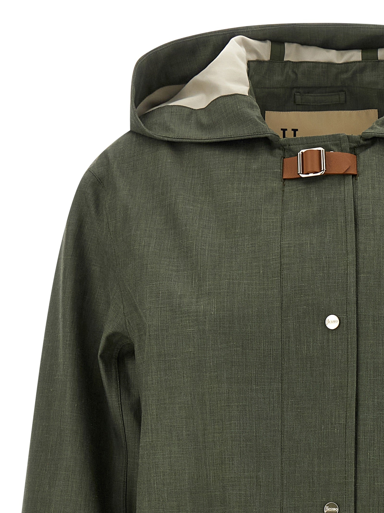 Hooded Trench Coat by Herno for women in silk linen wool bicolour & green presents a distinguished silhouette, artfully detailed with water-resistant & hooded and a distinguished hooded neckline for a sophisticated, distinguished finish.