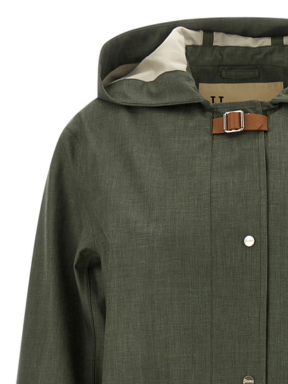 Hooded Trench Coat by Herno for women in silk linen wool bicolour & green presents a distinguished silhouette, artfully detailed with water-resistant & hooded and a distinguished hooded neckline for a sophisticated, distinguished finish.