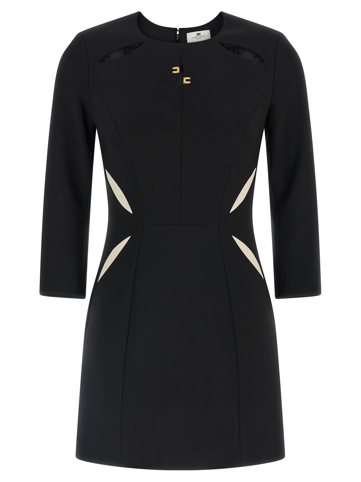 Dress by Elisabetta Franchi for women in stretch polyester bicolour, black & white features an eye catching silhouette with a sophisticated , elegant long-sleeve, and a refined short mini for a eye catching aesthetic.