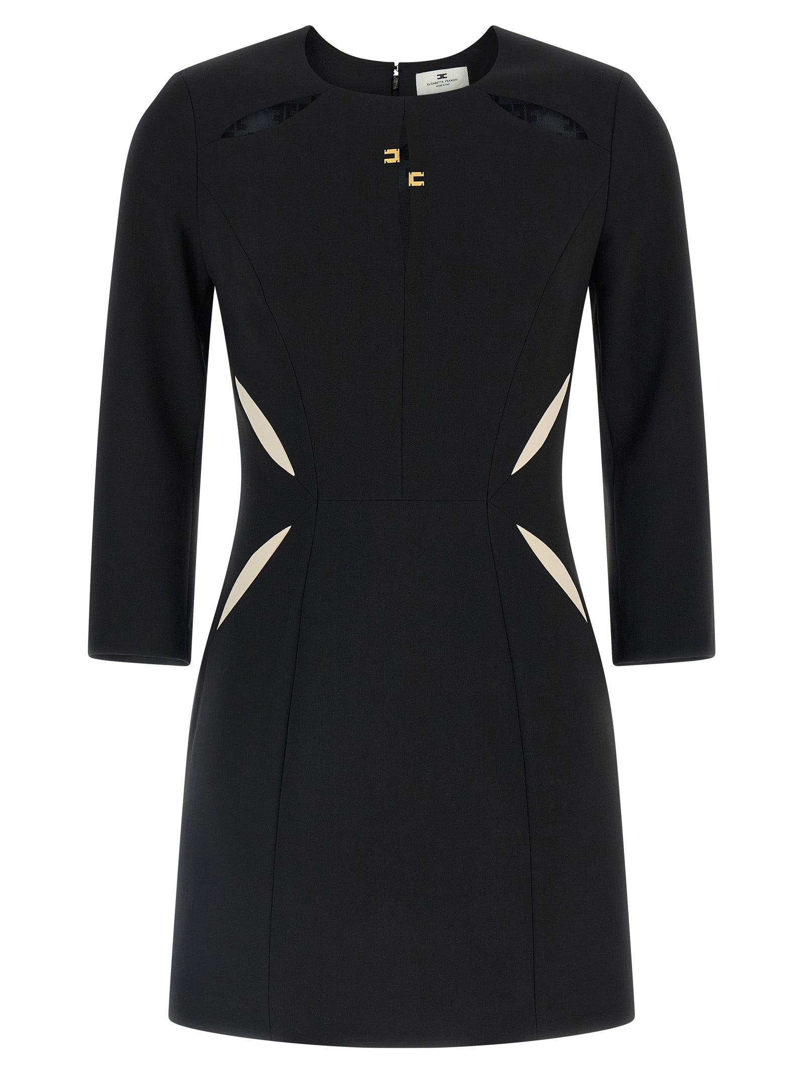 Dress by Elisabetta Franchi for women in stretch polyester bicolour, black & white features an eye catching silhouette with a sophisticated , elegant long-sleeve, and a refined short mini for a eye catching aesthetic.