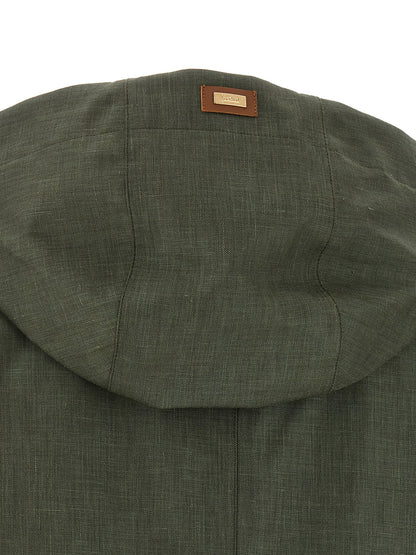 This Herno women silk linen wool Hooded Trench Coat in bicolour & green presents a high style silhouette, meticulously detailed with water-resistant & hooded and a high style hooded neckline for a sophisticated, timeless look.