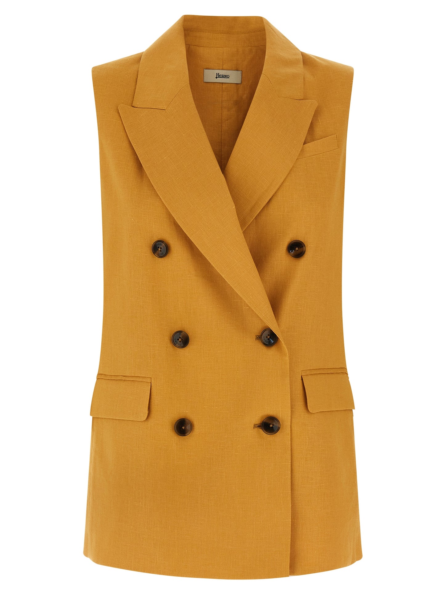 Vest by Herno for women in linen bicolour & yellow features an contemporary silhouette, showcasing refined pockets and a contemporary v-neck split neckline for a sophisticated layered look.