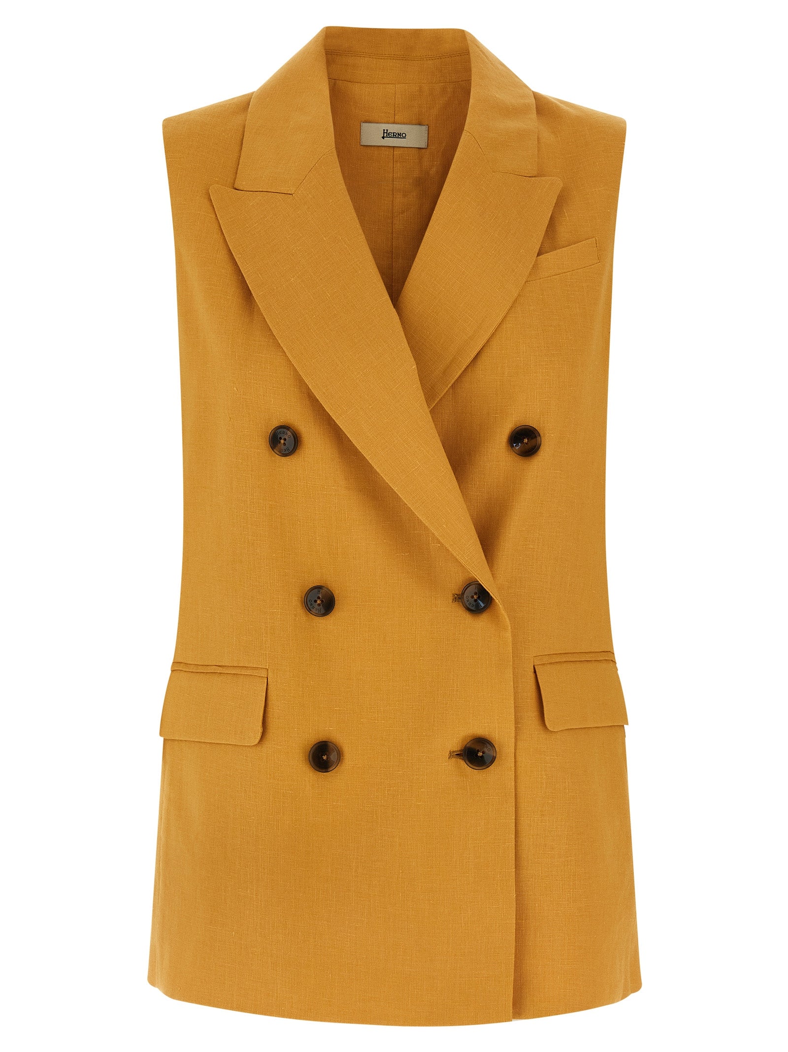 Vest by Herno for women in linen bicolour & yellow features an contemporary silhouette, showcasing refined pockets and a contemporary v-neck split neckline for a sophisticated layered look.