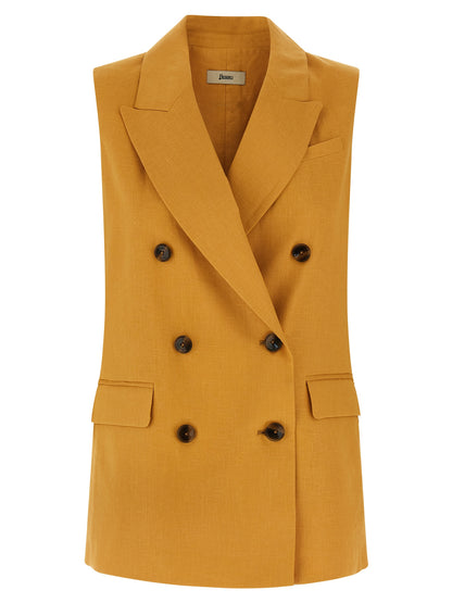 Vest by Herno for women in linen bicolour & yellow features an contemporary silhouette, showcasing refined pockets and a contemporary v-neck split neckline for a sophisticated layered look.