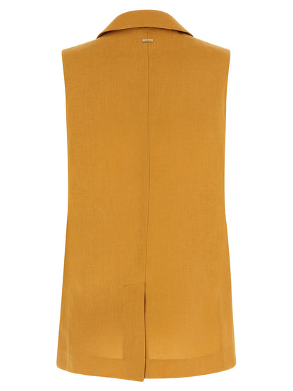 Vest by Herno for women in linen bicolour & yellow features an on trend silhouette, showcasing a sophisticated v-neck split neckline and premium pockets for a truly on trend finish.