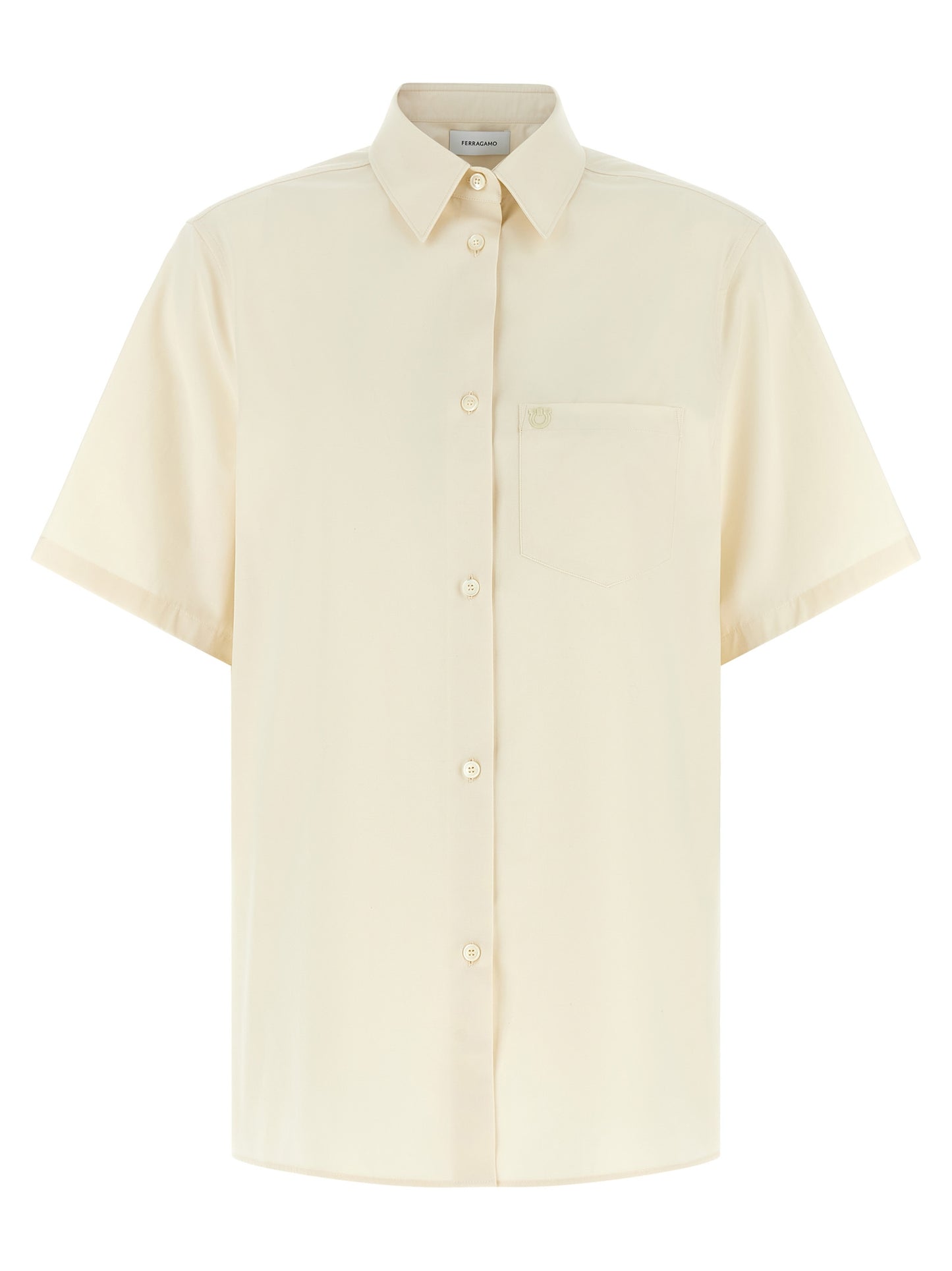 Blouse by Ferragamo for women in cotton & silk beige, pearl & signature presents a discerning silhouette, showcasing a sophisticated asymmetric neckline and short-sleeve for a truly discerning finish.