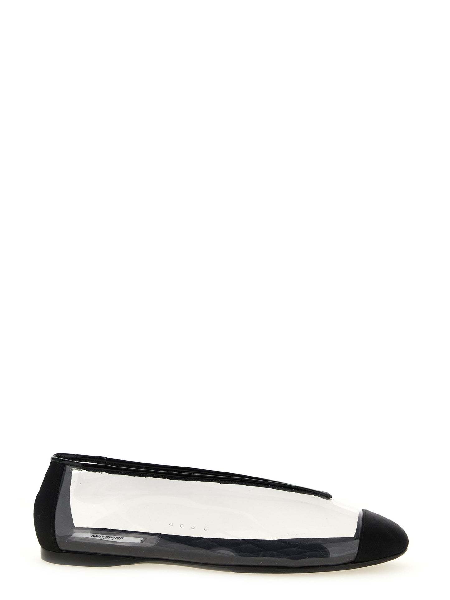 Ballet Flat Shoes by Moschino for women in viscose satin silk pvc leather black showcases a enchanting silhouette as part of the Women's Viscose Satin Silk PVC Leather Ballet Flat Shoes collection, defined by a enchanting and for a enchanting look.