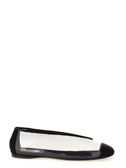 Ballet Flat Shoes by Moschino for women in viscose satin silk pvc leather black showcases a enchanting silhouette as part of the Women's Viscose Satin Silk PVC Leather Ballet Flat Shoes collection, defined by a enchanting and for a enchanting look.