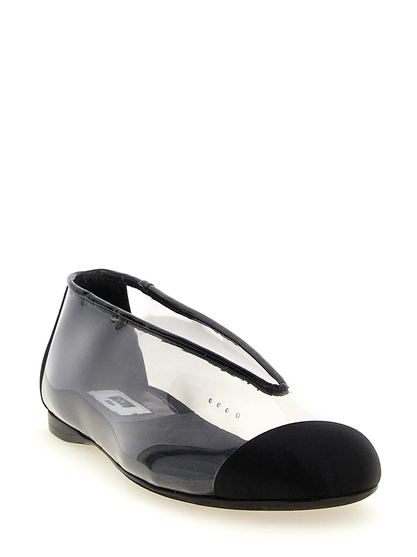 Ballet Flat Shoes by Moschino for women in viscose satin silk pvc leather black showcases a resplendent Women's Viscose Satin Silk PVC Leather Ballet Flat Shoes aesthetic with a and .