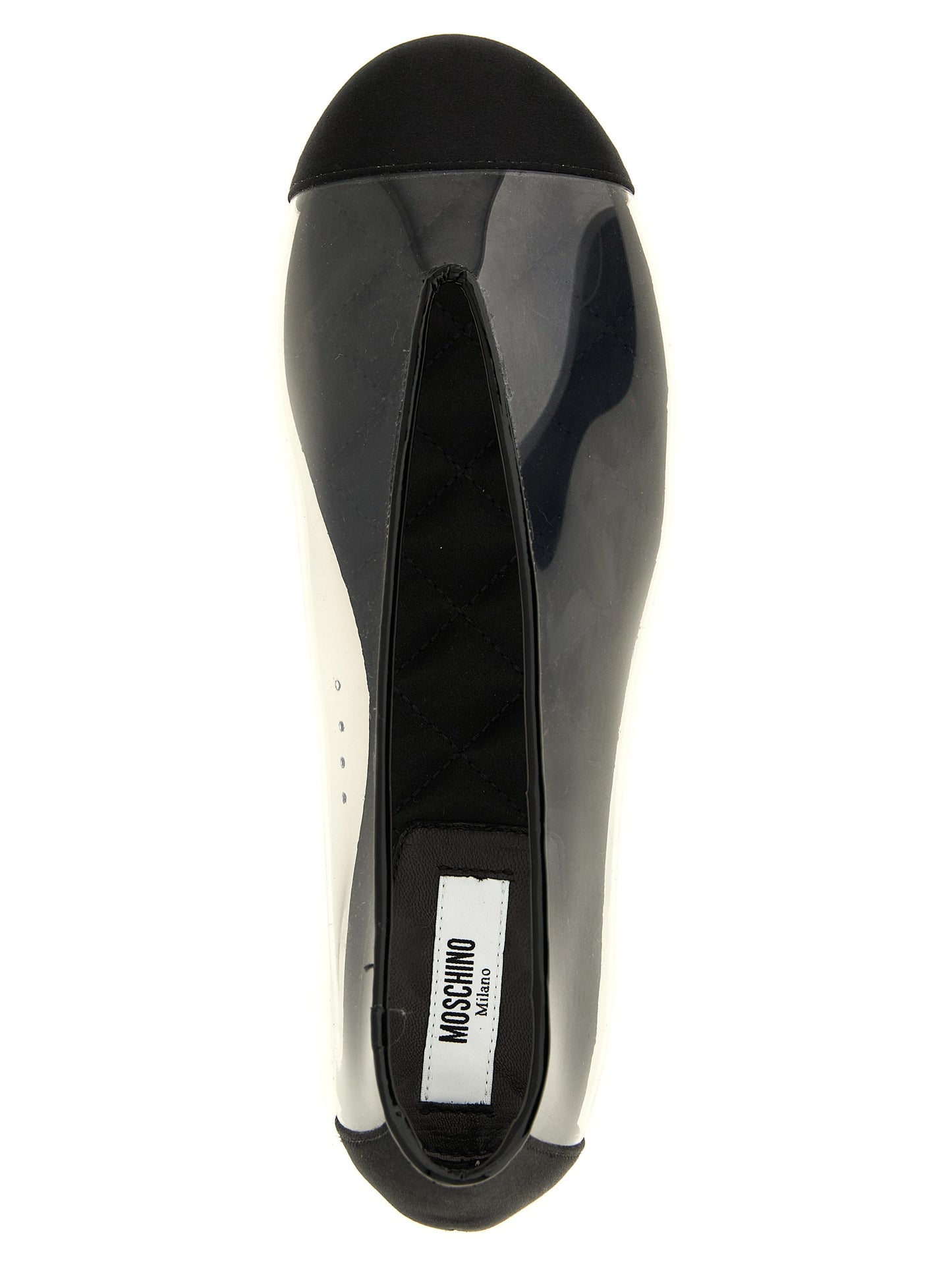 Ballet Flat Shoes by Moschino for women in viscose satin silk pvc leather black features an captivating silhouette, showcasing the captivating style of the Women's Viscose Satin Silk PVC Leather Ballet Flat Shoes with its distinct and refined .