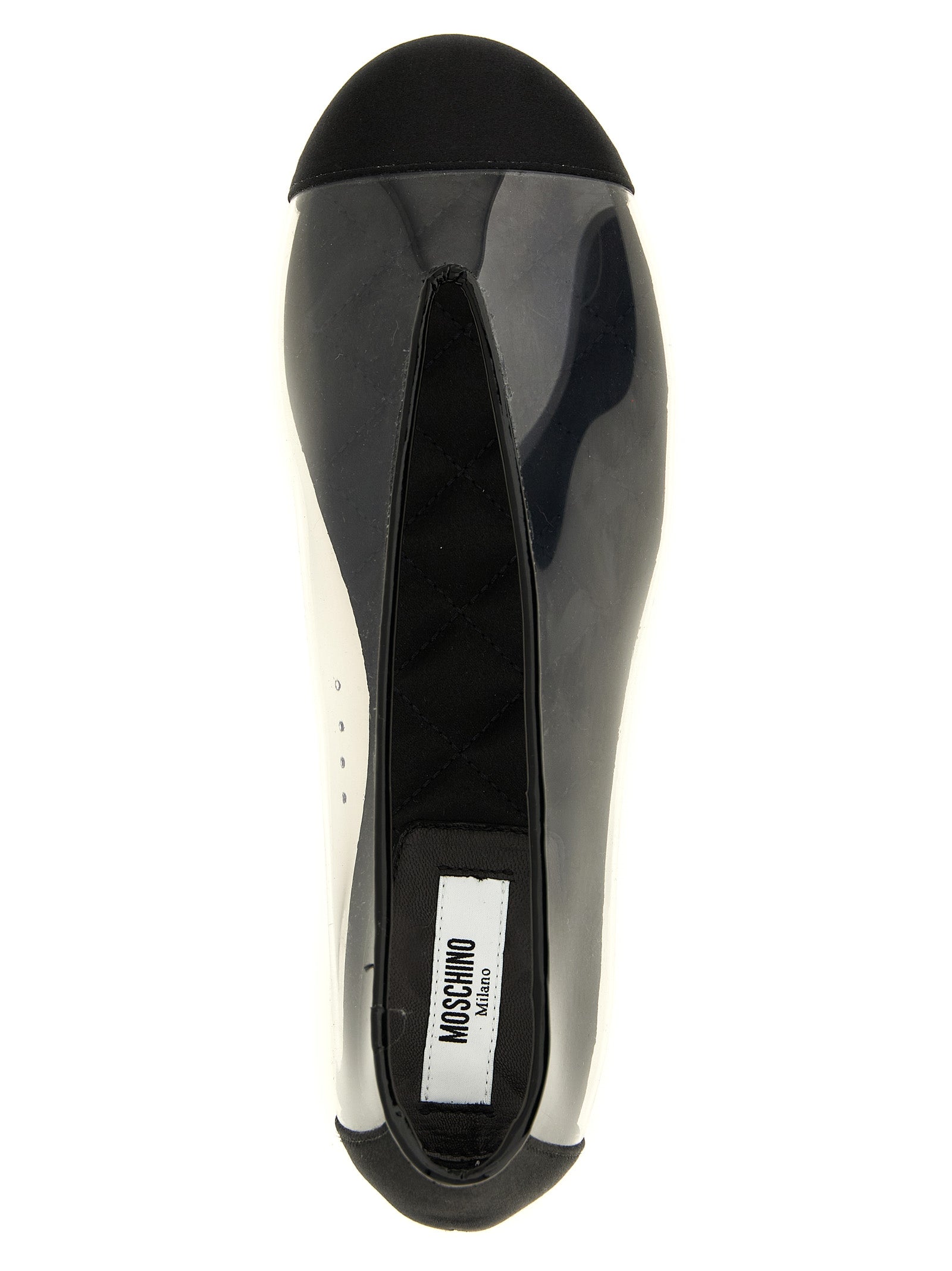 Ballet Flat Shoes by Moschino for women in viscose satin silk pvc leather black features an captivating silhouette, showcasing the captivating style of the Women's Viscose Satin Silk PVC Leather Ballet Flat Shoes with its distinct and refined .