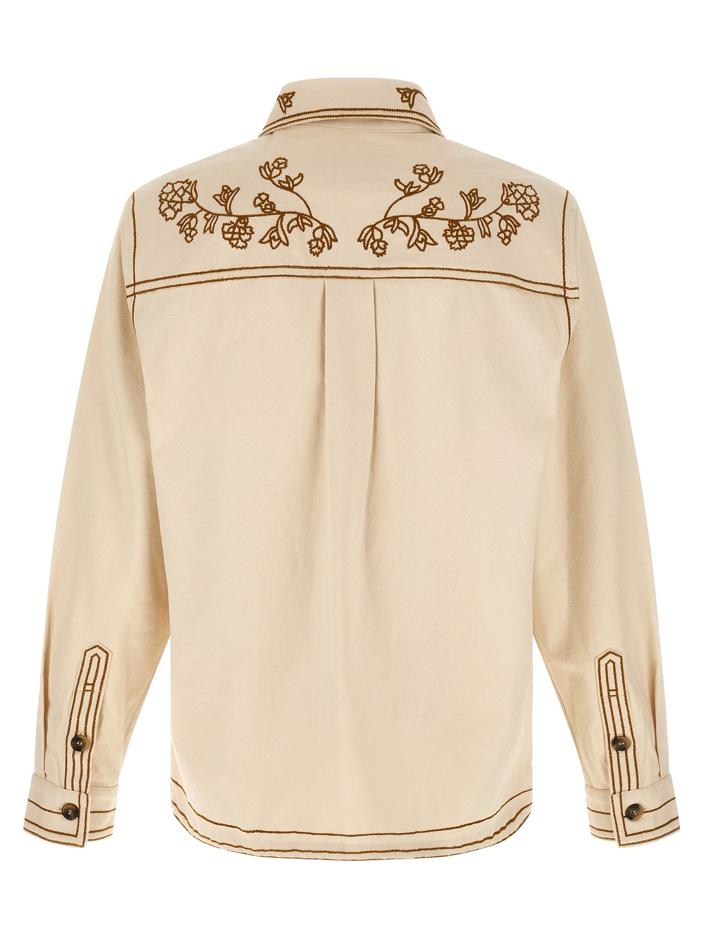 Overshirt by Isabel Marant for men in denim cotton beige & horn showcases a sharp silhouette, elegantly detailed with a sharp and sharp .
