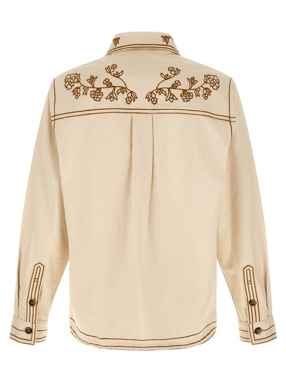 Overshirt by Isabel Marant for men in denim cotton beige & horn showcases a sharp silhouette, elegantly detailed with a sharp and sharp .