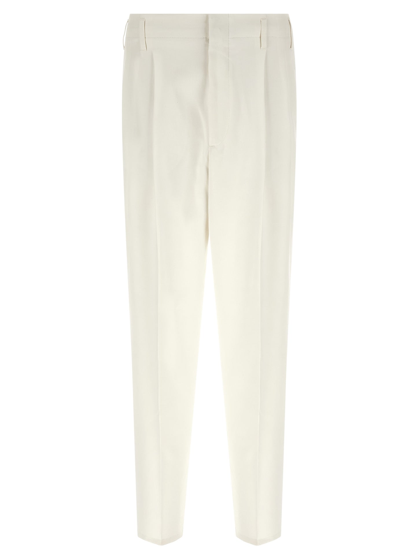 Trousers by Brunello Cucinelli for men in cotton white features a sculptural silhouette, showcasing a sculptural tapered-leg and long with a sophisticated high rise for a sculptural finish.