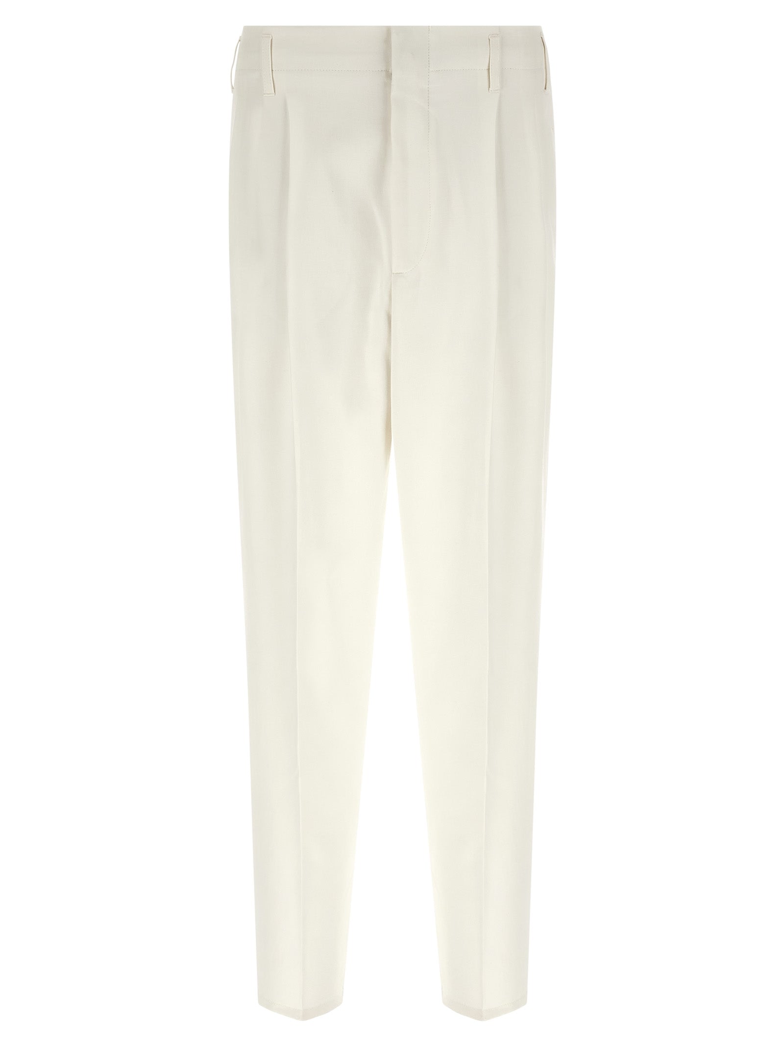 Trousers by Brunello Cucinelli for men in cotton white features a sculptural silhouette, showcasing a sculptural tapered-leg and long with a sophisticated high rise for a sculptural finish.