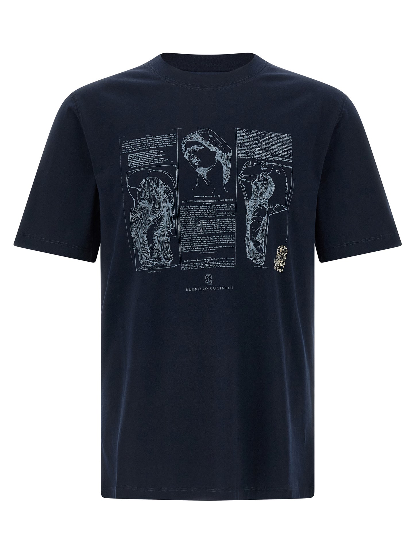 T-Shirt by Brunello Cucinelli for men in cotton blue & print showcases a fashionable silhouette, elegantly detailed with a fashionable short-sleeve and crew neckline for a sophisticated, high-fashion look.