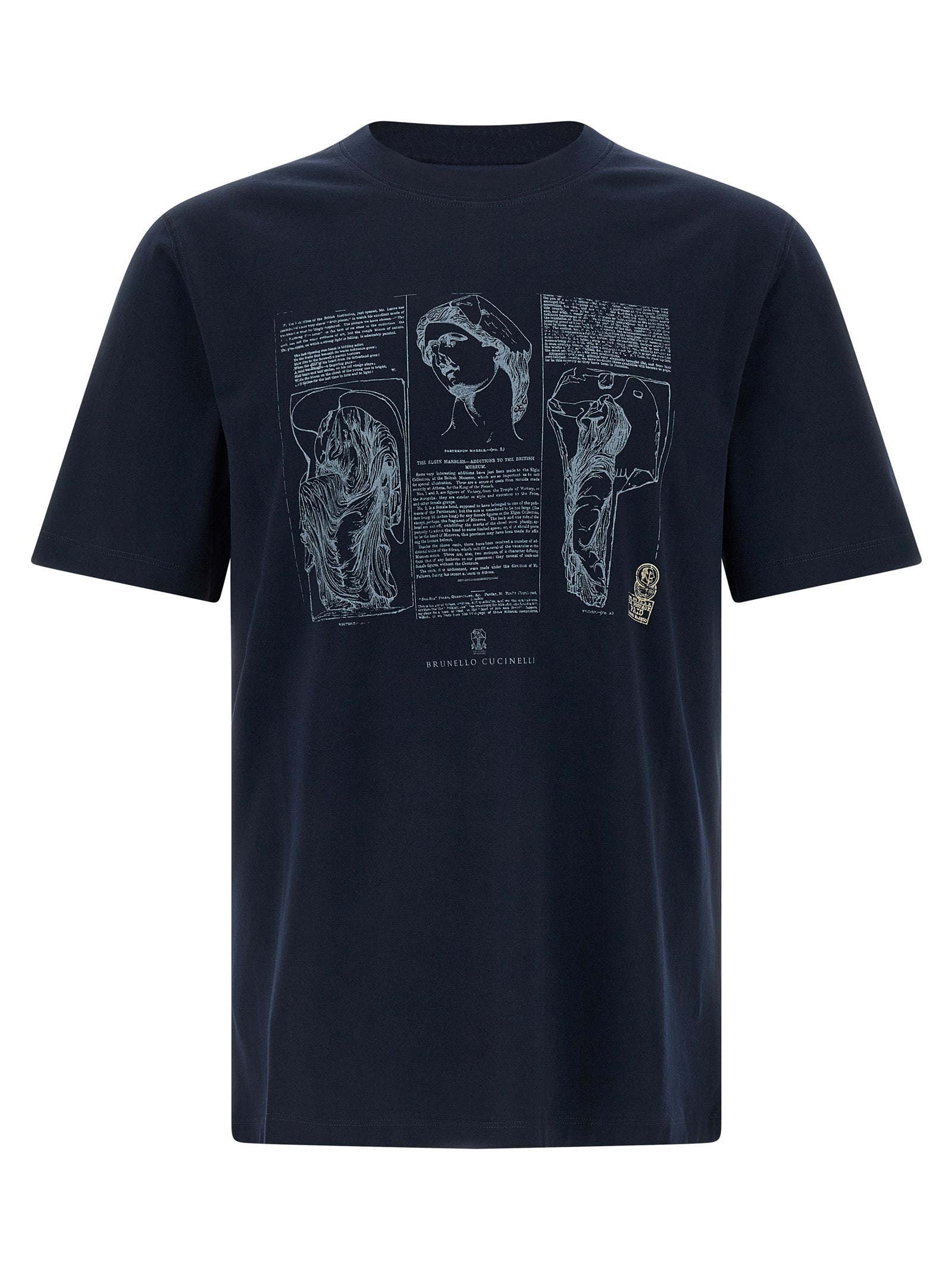 T-Shirt by Brunello Cucinelli for men in cotton blue & print showcases a fashionable silhouette, elegantly detailed with a fashionable short-sleeve and crew neckline for a sophisticated, high-fashion look.