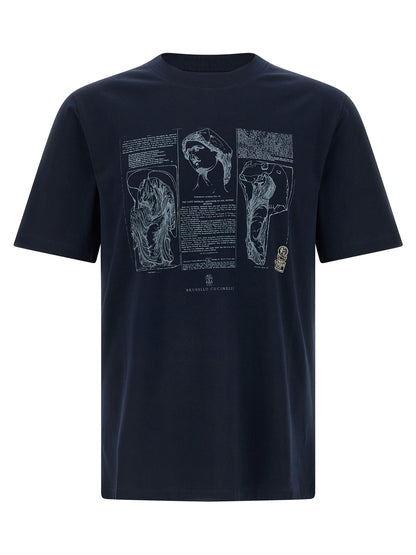 T-Shirt by Brunello Cucinelli for men in cotton blue & print showcases a fashionable silhouette, elegantly detailed with a fashionable short-sleeve and crew neckline for a sophisticated, high-fashion look.