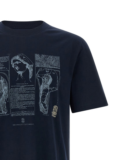T-Shirt by Brunello Cucinelli for men in cotton blue & print features an edgy silhouette, meticulously detailed with a sophisticated and crew neckline for a truly edgy finish.