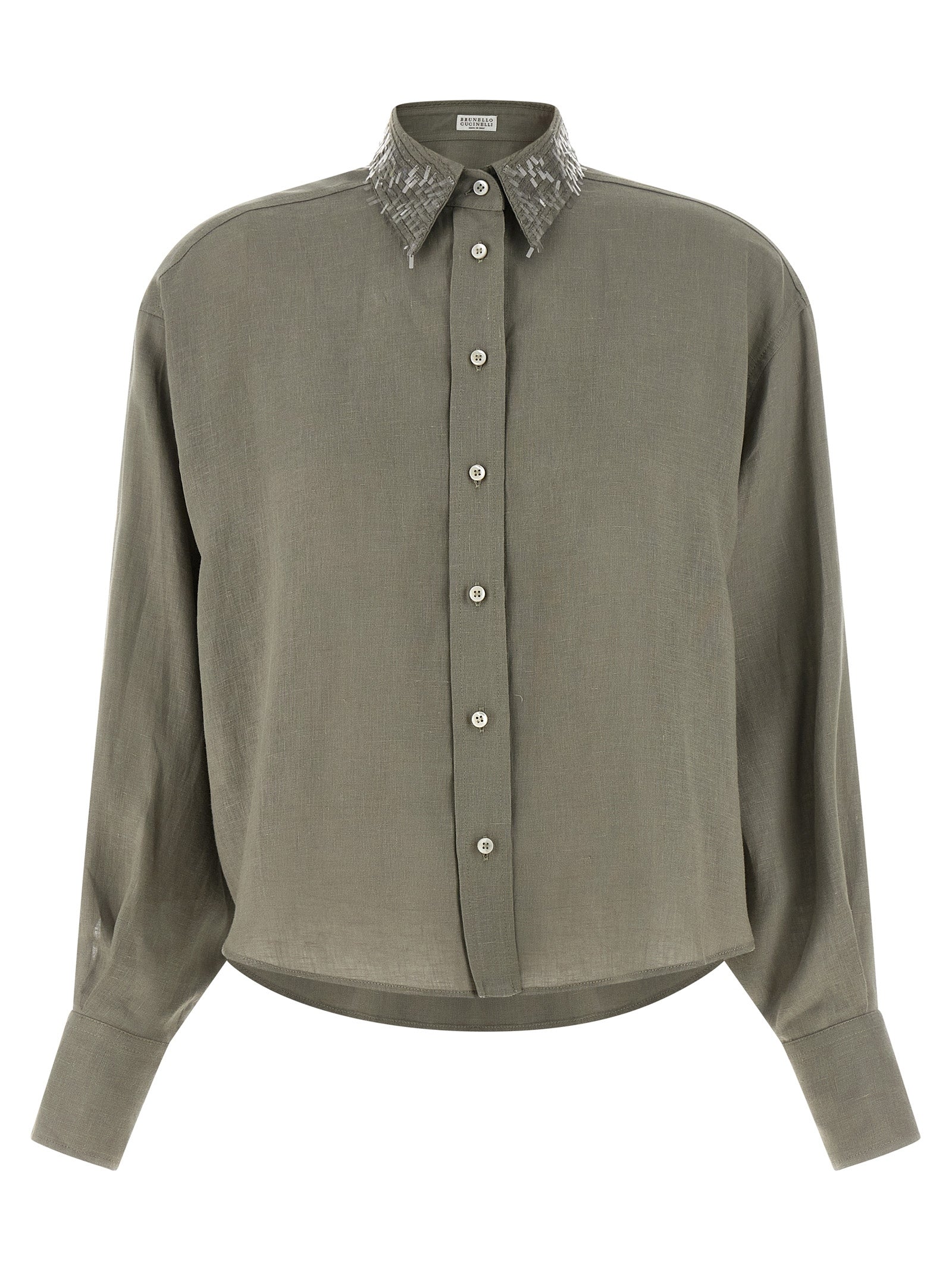 Blouse by Brunello Cucinelli for women in linen & sequins bicolour, green & pearl showcases a sleek silhouette, elegantly detailed with a sleek and long-sleeve for a sleek finish.