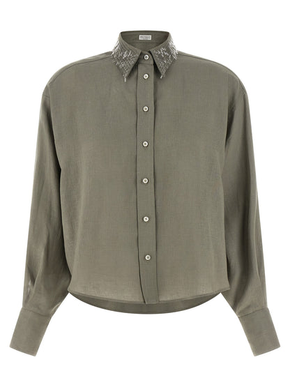 Blouse by Brunello Cucinelli for women in linen & sequins bicolour, green & pearl showcases a sleek silhouette, elegantly detailed with a sleek and long-sleeve for a sleek finish.
