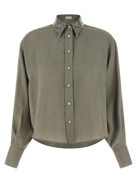 Blouse by Brunello Cucinelli for women in linen & sequins bicolour, green & pearl showcases a sleek silhouette, elegantly detailed with a sleek and long-sleeve for a sleek finish.