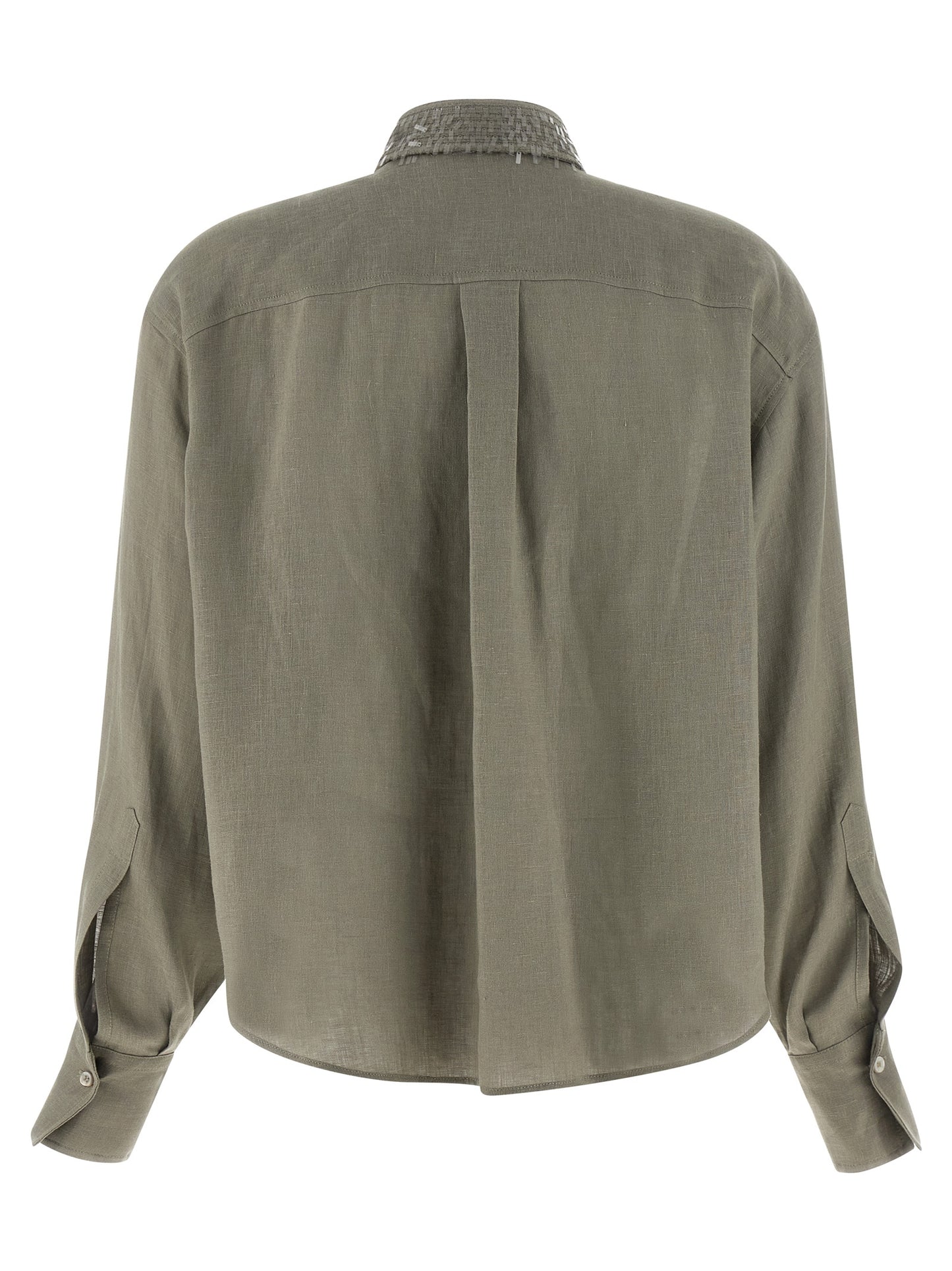 Blouse by Brunello Cucinelli for women in linen & sequins bicolour, green & pearl showcases a sharp silhouette, elegantly detailed with a sharp and sharp .