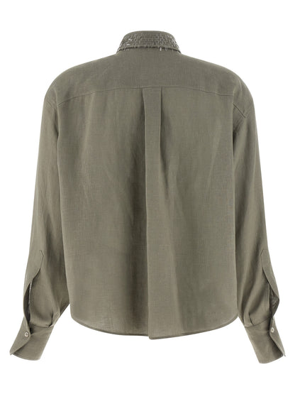 Blouse by Brunello Cucinelli for women in linen & sequins bicolour, green & pearl showcases a sharp silhouette, elegantly detailed with a sharp and sharp .