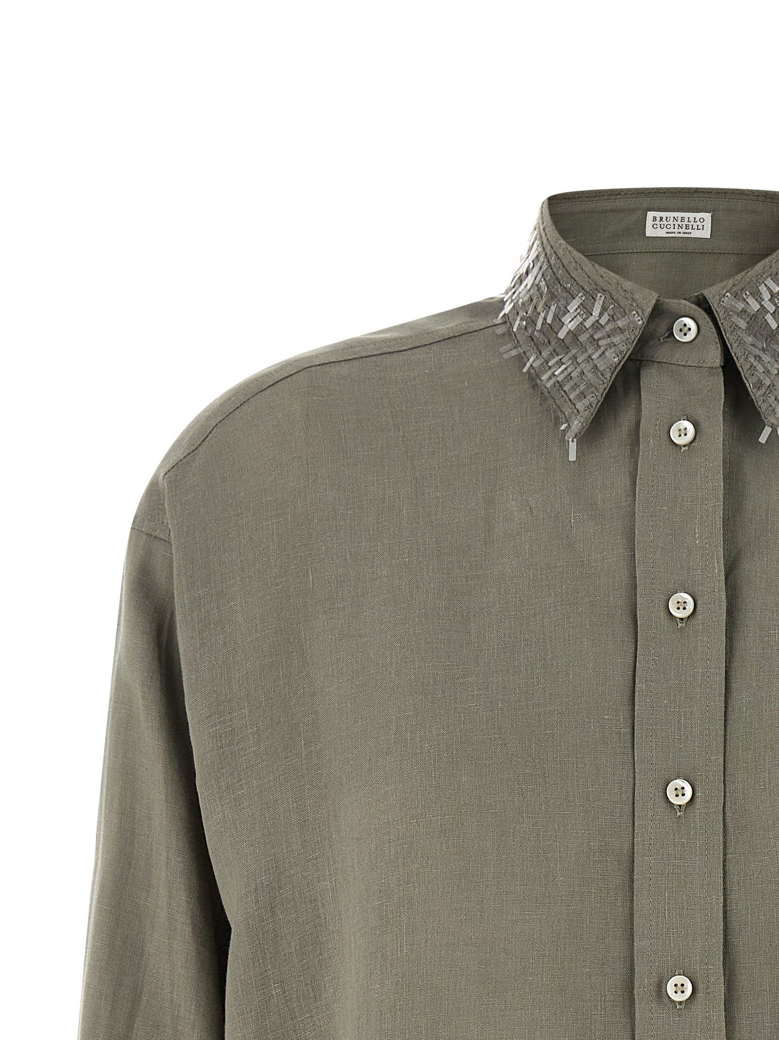 Blouse by Brunello Cucinelli for women in linen & sequins bicolour, green & pearl, featuring a nuanced and nuanced for a sophisticated finish.