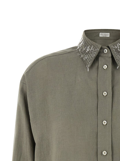 Blouse by Brunello Cucinelli for women in linen & sequins bicolour, green & pearl, featuring a nuanced and nuanced for a sophisticated finish.