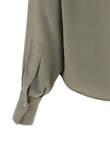 Blouse by Brunello Cucinelli for women in linen & sequins bicolour, green & pearl presents a discerning silhouette, showcasing a sophisticated and for a truly discerning finish.