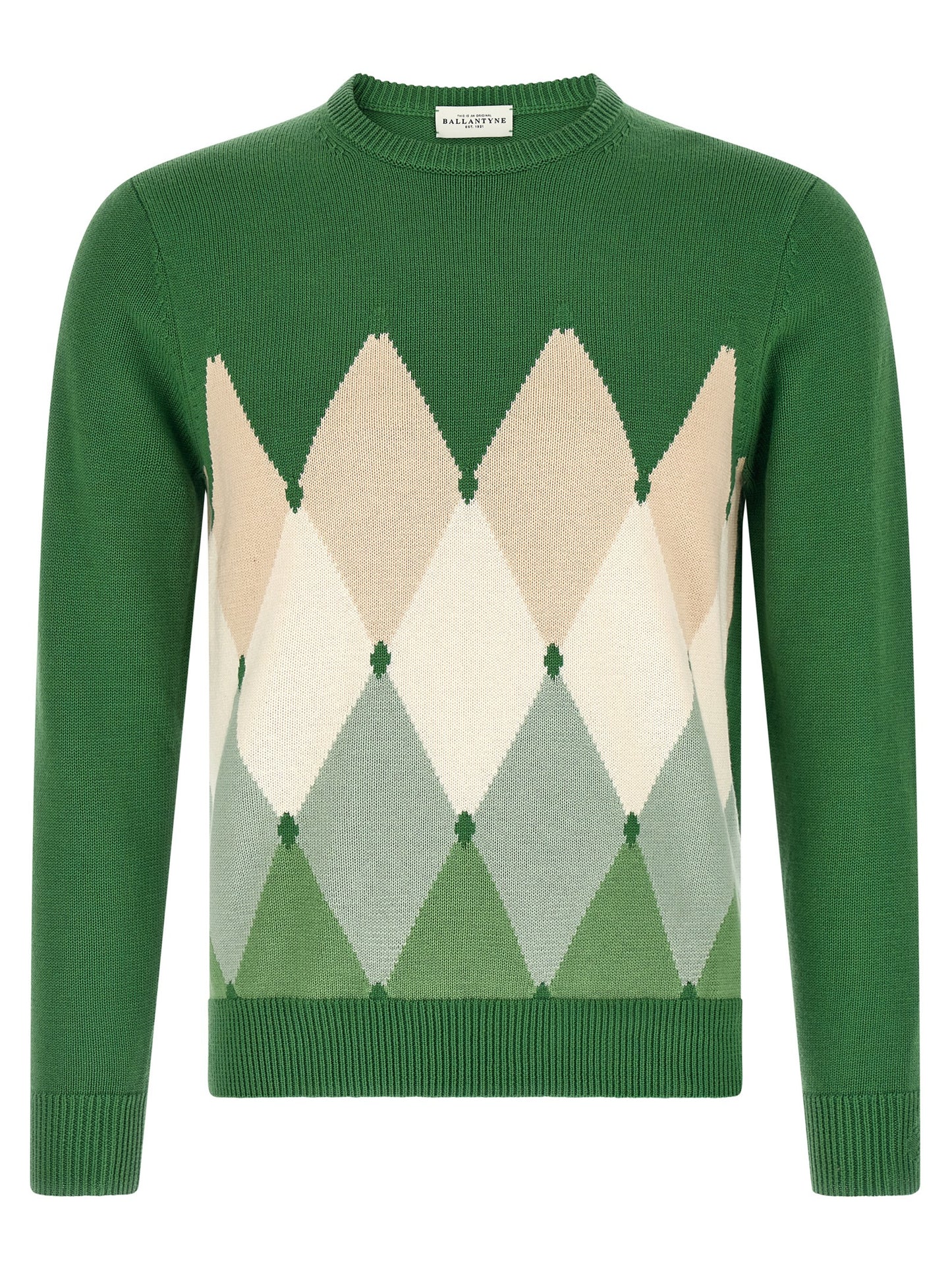 Cardigan by Ballantyne for men in cashmere cotton blend bicolour, green, patterned, argyle & jacquard presents a textural silhouette, artfully finished with a textural crew neckline and for a sophisticated, textural look.