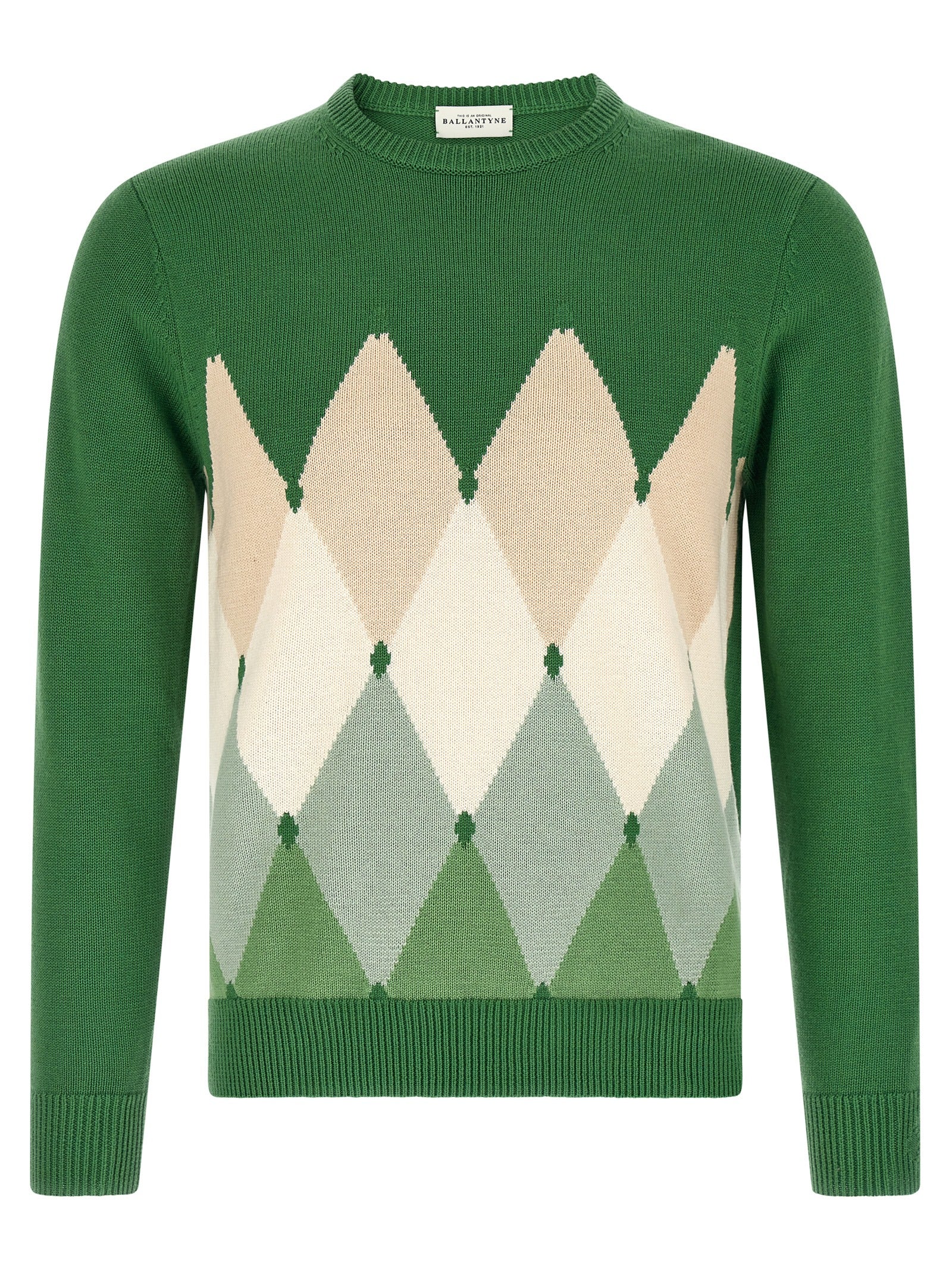 Cardigan by Ballantyne for men in cashmere cotton blend bicolour, green, patterned, argyle & jacquard presents a textural silhouette, artfully finished with a textural crew neckline and for a sophisticated, textural look.