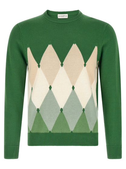 Cardigan by Ballantyne for men in cashmere cotton blend bicolour, green, patterned, argyle & jacquard presents a textural silhouette, artfully finished with a textural crew neckline and for a sophisticated, textural look.