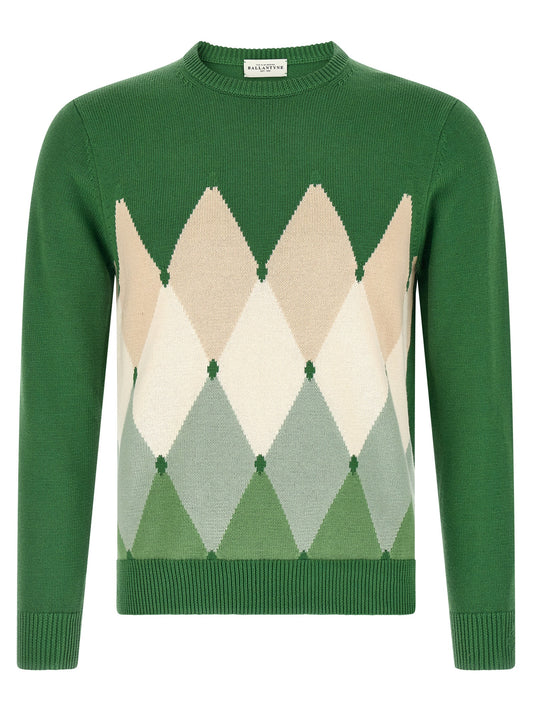 Cardigan by Ballantyne for men in cashmere cotton blend bicolour, green, patterned, argyle & jacquard presents a textural silhouette, artfully finished with a textural crew neckline and for a sophisticated, textural look.