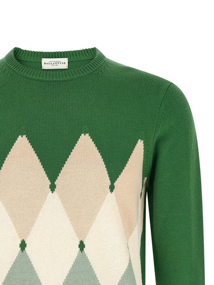 Cardigan by Ballantyne for men in cashmere cotton blend bicolour, green, patterned, argyle & jacquard features an crisp silhouette, showcasing a sophisticated crew neckline and detail for a truly crisp finish.