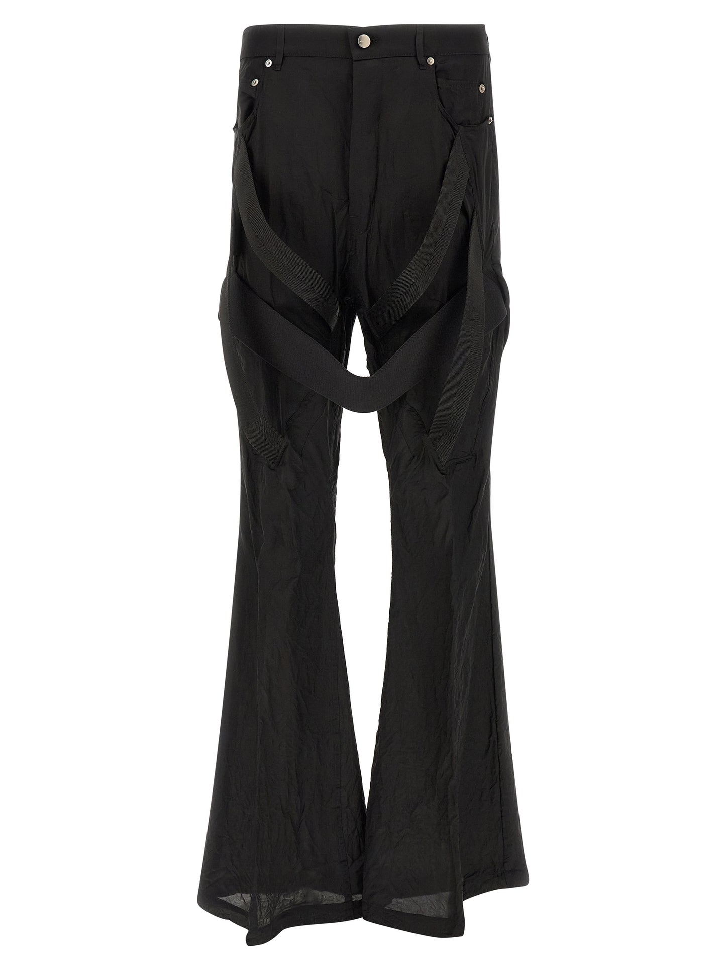 Trousers by Rick Owens for men in cupro & copper black & copper features a artisanal silhouette, showcasing a sophisticated flared & wide with a long and high rise for a artisanal finish.