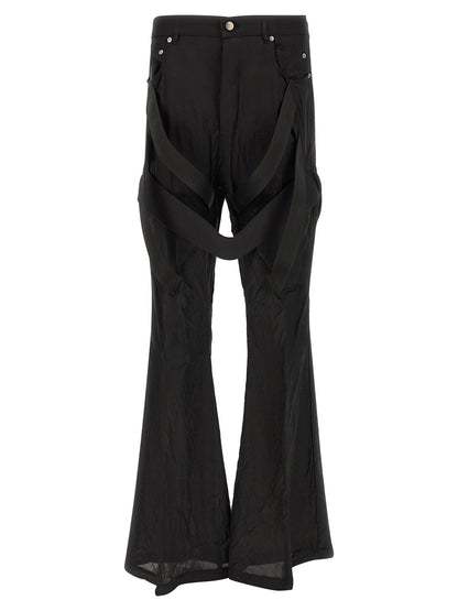 Trousers by Rick Owens for men in cupro & copper black & copper features a artisanal silhouette, showcasing a sophisticated flared & wide with a long and high rise for a artisanal finish.