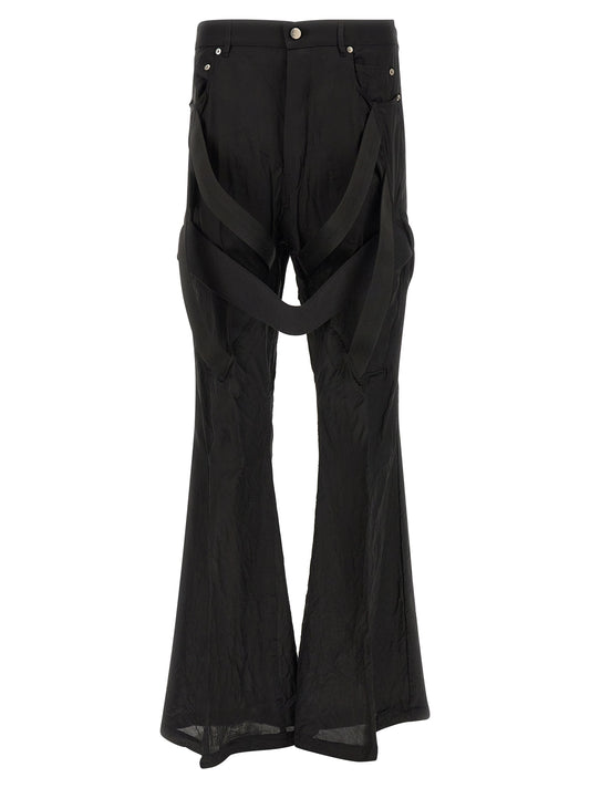 Trousers by Rick Owens for men in cupro & copper black & copper features a artisanal silhouette, showcasing a sophisticated flared & wide with a long and high rise for a artisanal finish.