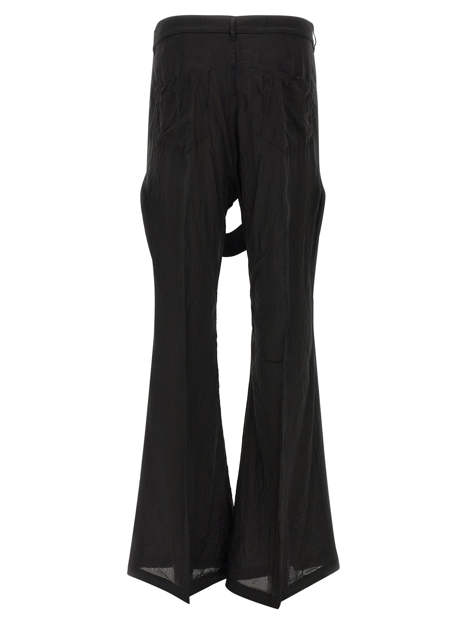 Trousers by Rick Owens for men in cupro & copper black & copper presents a perennial silhouette, meticulously tailored with a flared & wide cut, long finish, and an elegant high rise.