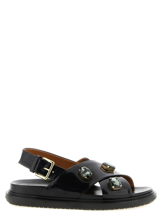 Flat Sandals by Marni for women in sheep lamb leather & crystal and black presents a captivating silhouette, showcasing the signature style of the Women's Sheep Lamb Leather & Crystal Flat Sandals with a captivating flat and captivating .