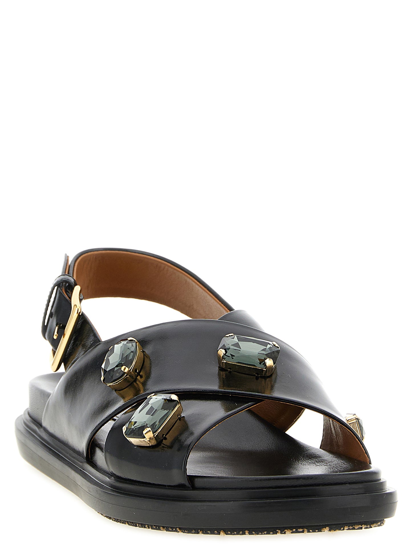 Flat Sandals by Marni for women in sheep lamb leather & crystal black features an exquisite silhouette, showcasing the exquisite Women's Sheep Lamb Leather & Crystal Flat Sandals with a flat and .