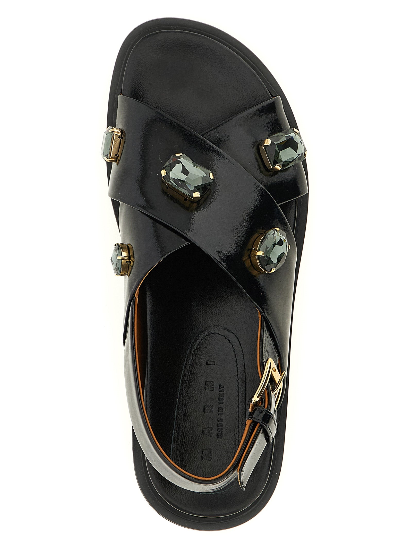 Flat Sandals by Marni for women in sheep lamb leather & crystal black features an architectural design from the Women's Sheep Lamb Leather & Crystal Flat Sandals collection, defined by a architectural flat and for a architectural finish.