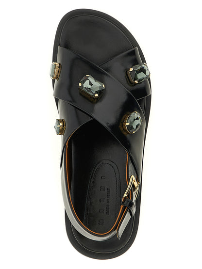 Flat Sandals by Marni for women in sheep lamb leather & crystal black features an architectural design from the Women's Sheep Lamb Leather & Crystal Flat Sandals collection, defined by a architectural flat and for a architectural finish.