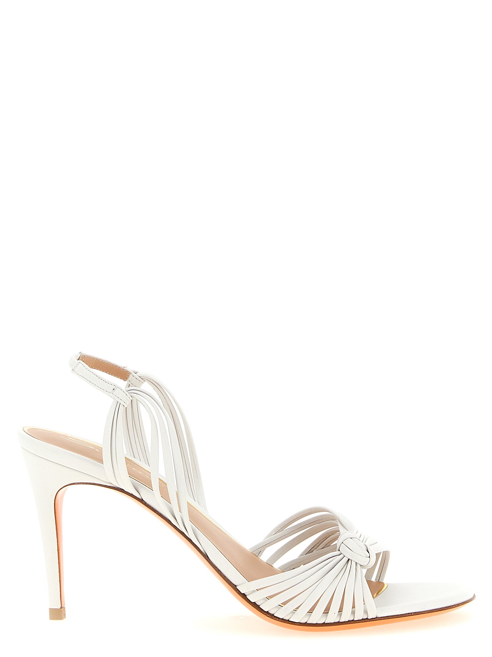 Stiletto Sandals by Santoni for women in lamb leather and white & striped presents a captivating silhouette, showcasing the signature style of the Women's Lamb Leather Stiletto Sandals with a captivating stiletto and captivating almond toe style.