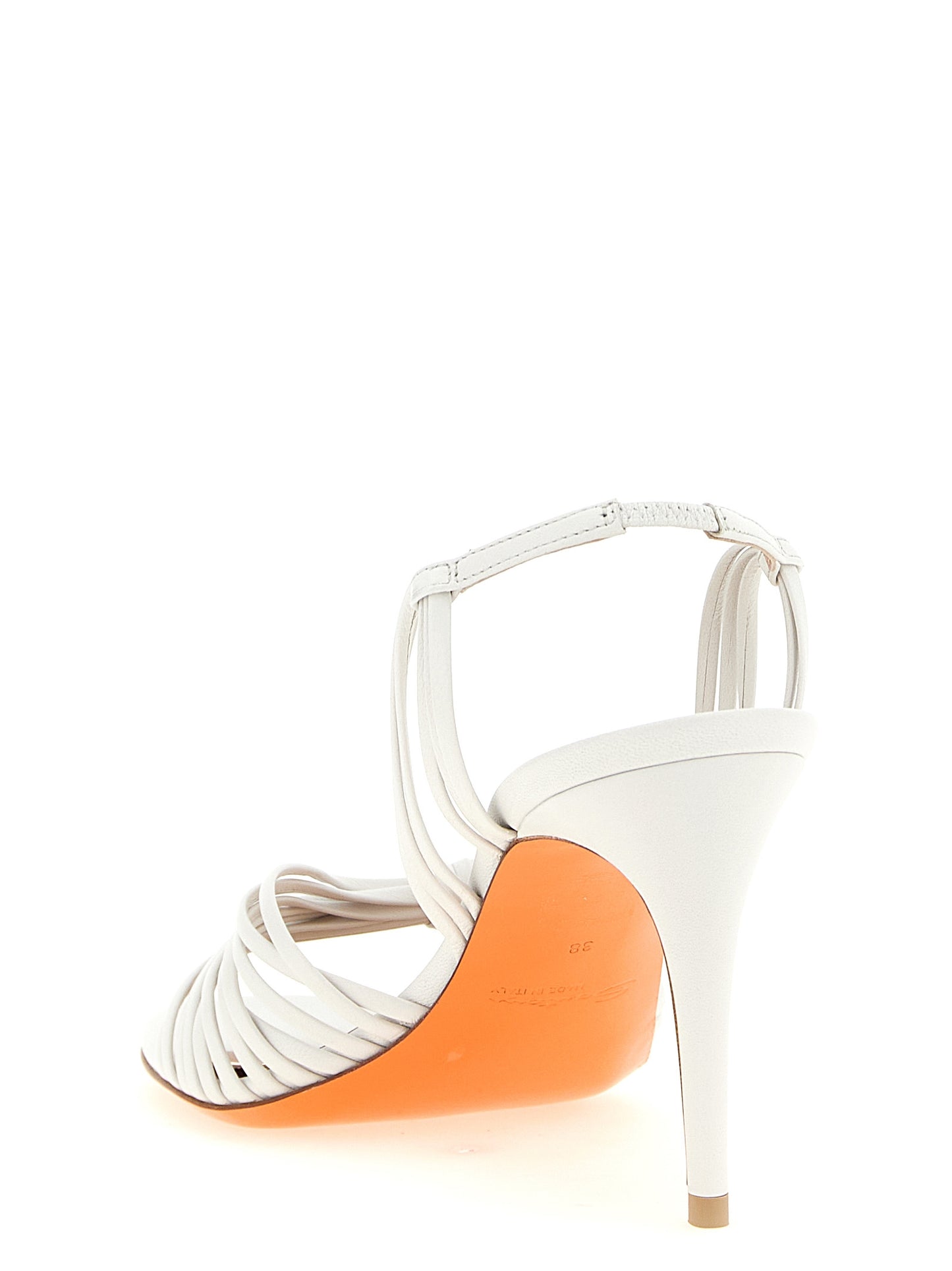 Stiletto Sandals by Santoni for women in lamb leather white & striped features an statuesque Women's Lamb Leather Stiletto Sandals silhouette with a refined stiletto and elegant almond toe style.