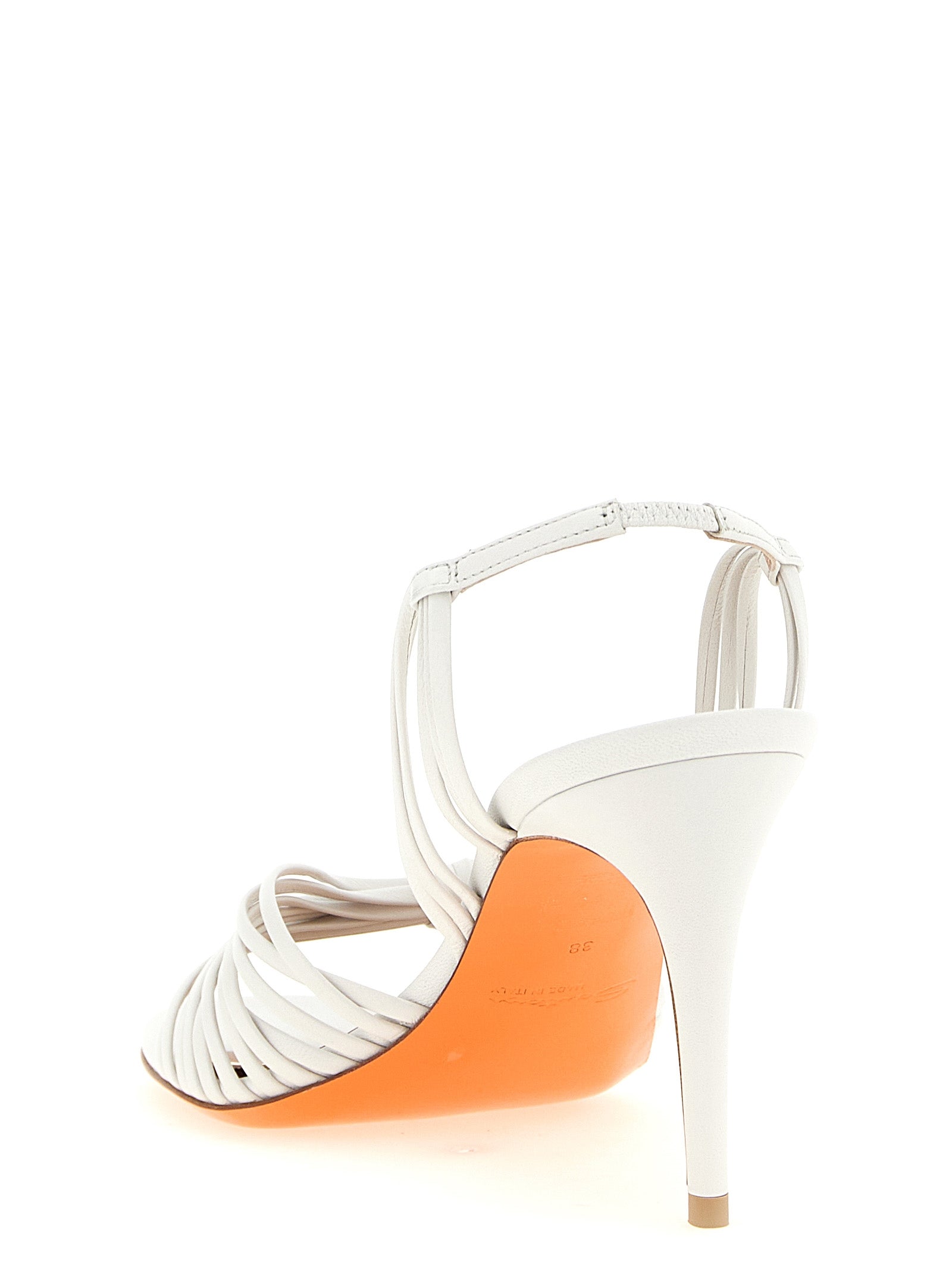 Stiletto Sandals by Santoni for women in lamb leather white & striped features an statuesque Women's Lamb Leather Stiletto Sandals silhouette with a refined stiletto and elegant almond toe style.