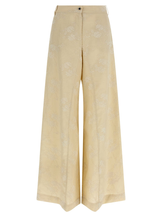 Trousers by PINKO for women in linen beige features a artisanal silhouette, showcasing a sophisticated flared & wide with a long and mid rise for a artisanal finish.