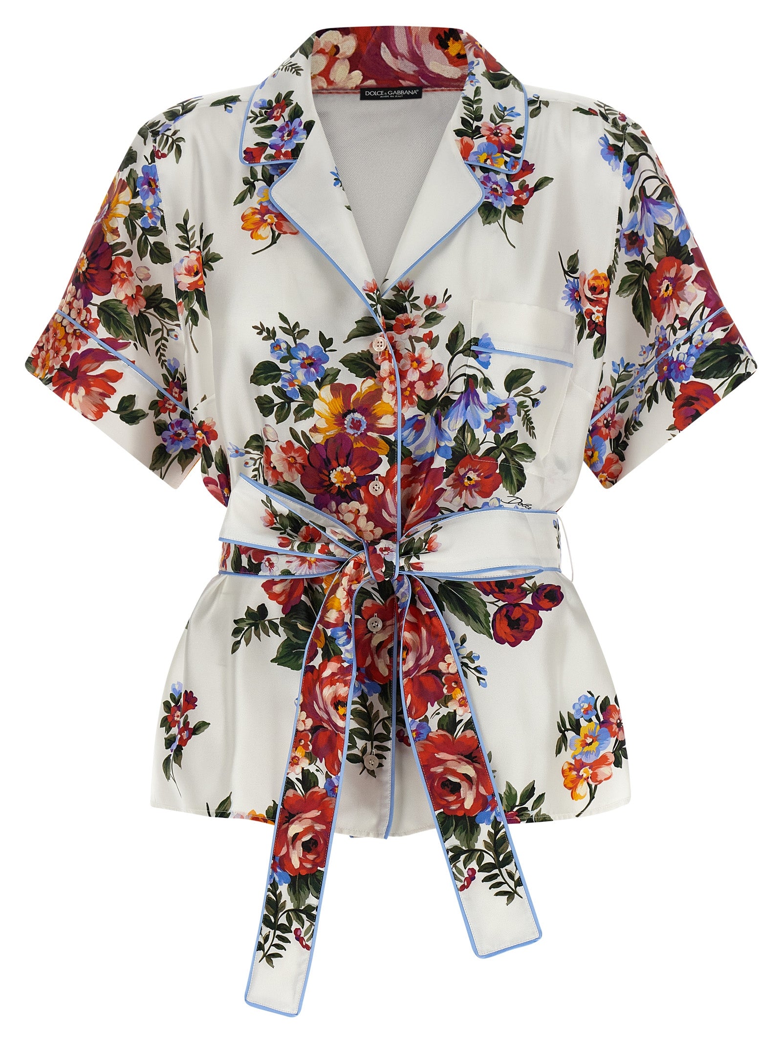 Blouse by Dolce & Gabbana for women in silk twill pearl, white, floral & print features an polished silhouette, showcasing a sophisticated lapel neckline and detail for a truly polished finish.